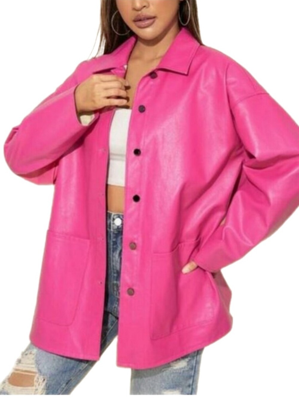 SHEIN Hot Pink Faux Leather Oversized Jacket, Size L